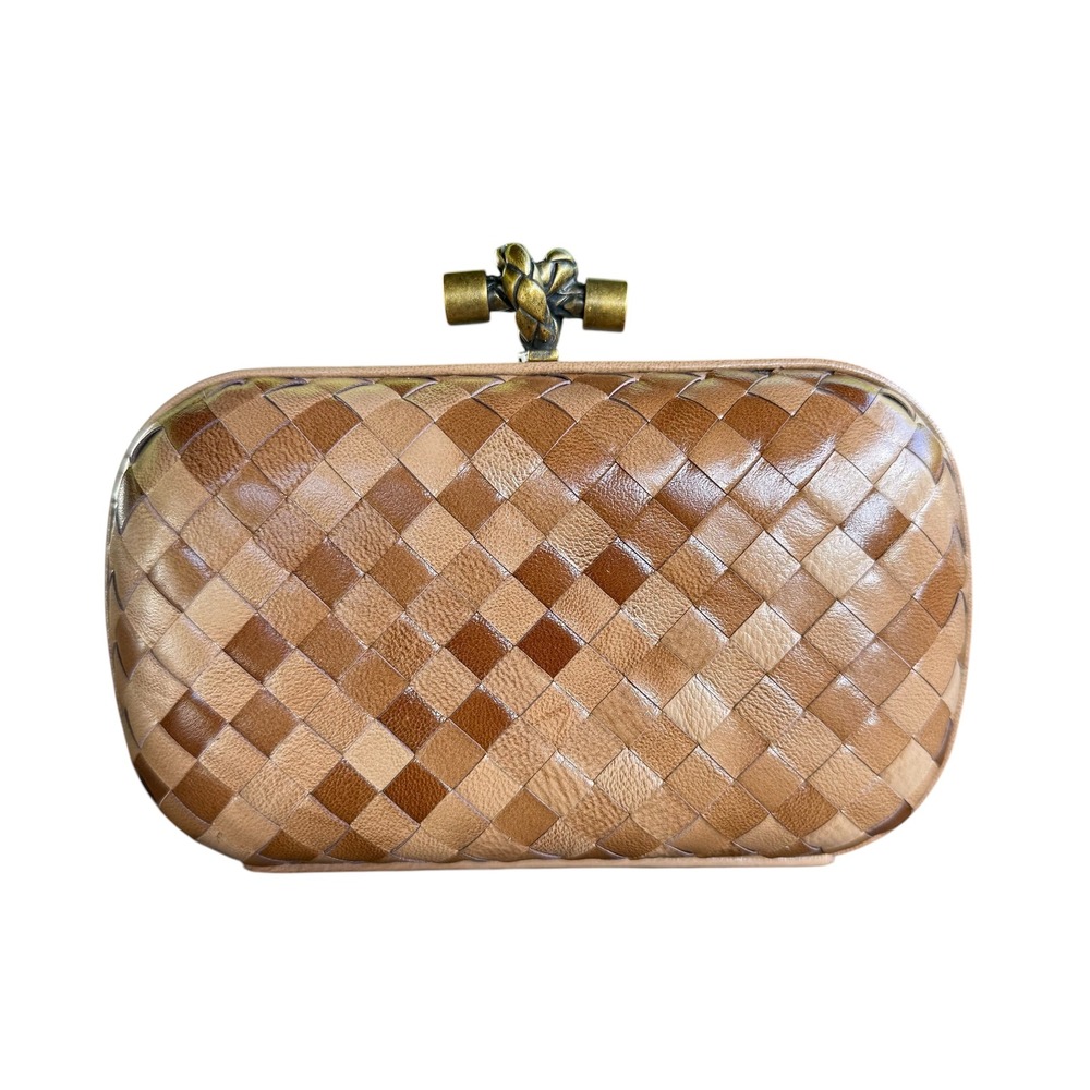 Vintage Ashneil Woven Leather Knot Clasp Minaudiere Clutch Bag Brown Tonal